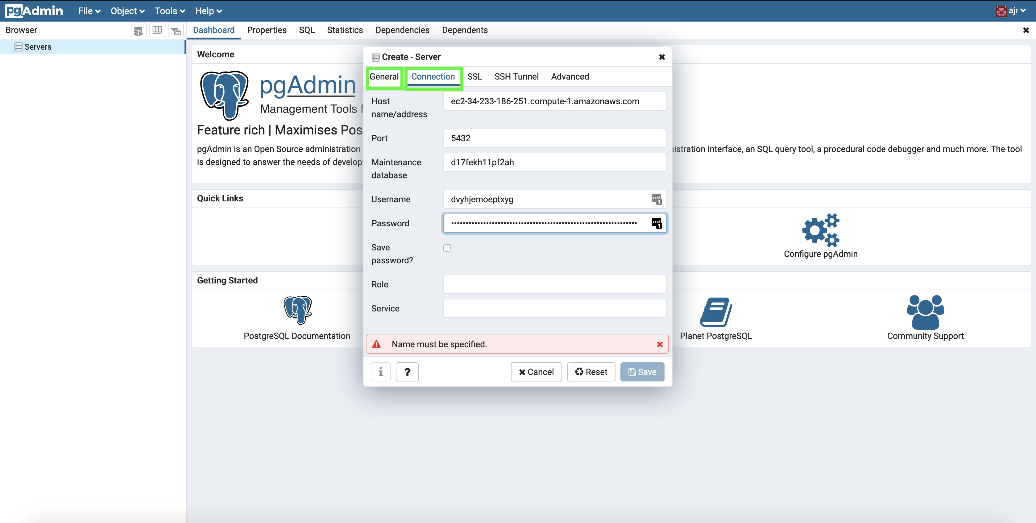 pgadmin4 server details
